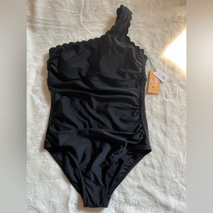 Black womens size medium Kona Sol one piece bathing suit one shoulder strap NWT